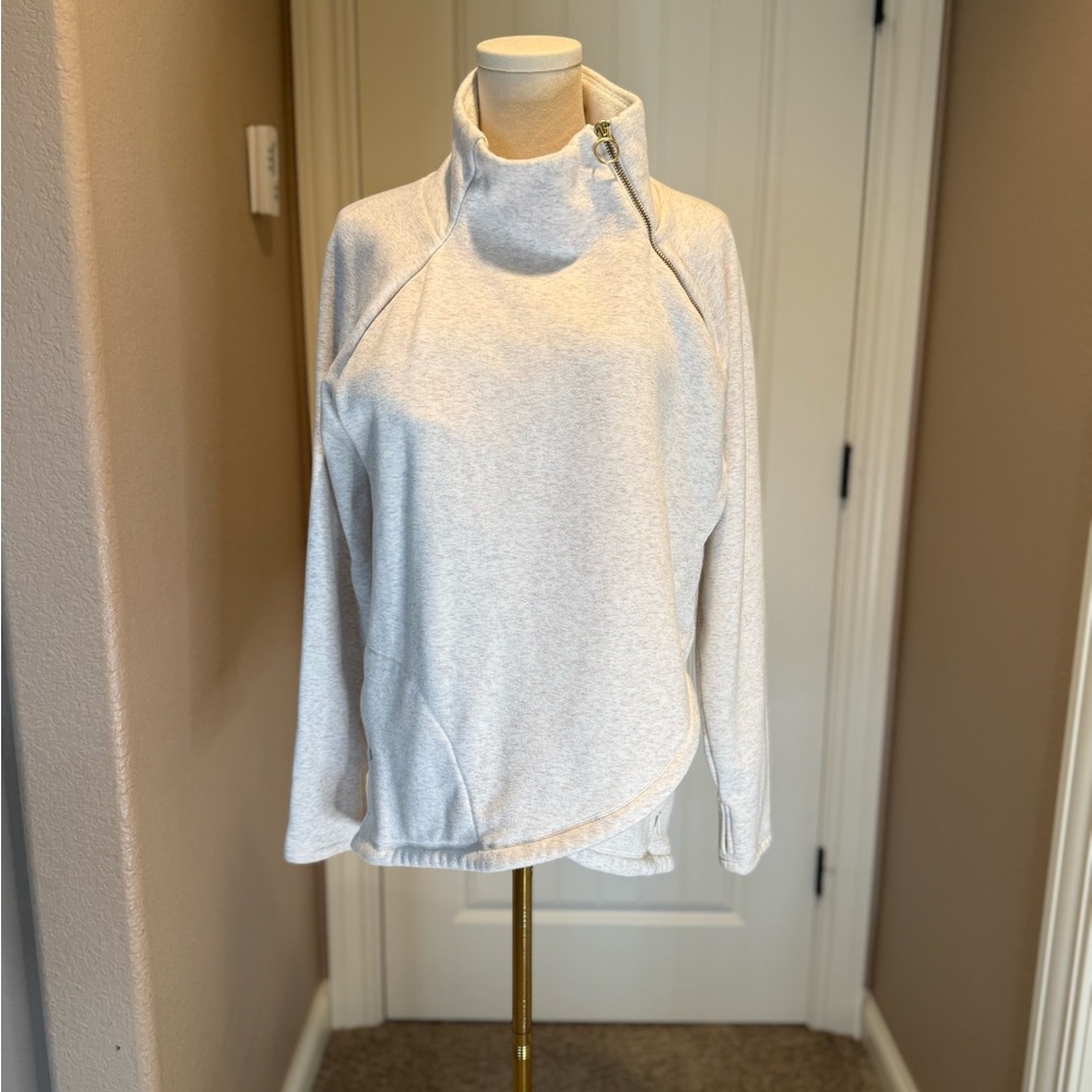 Athleta Cozy Karma Asym Pullover, a funnel neck sweatshirt with Gold Zipper - Picture 2 of 5